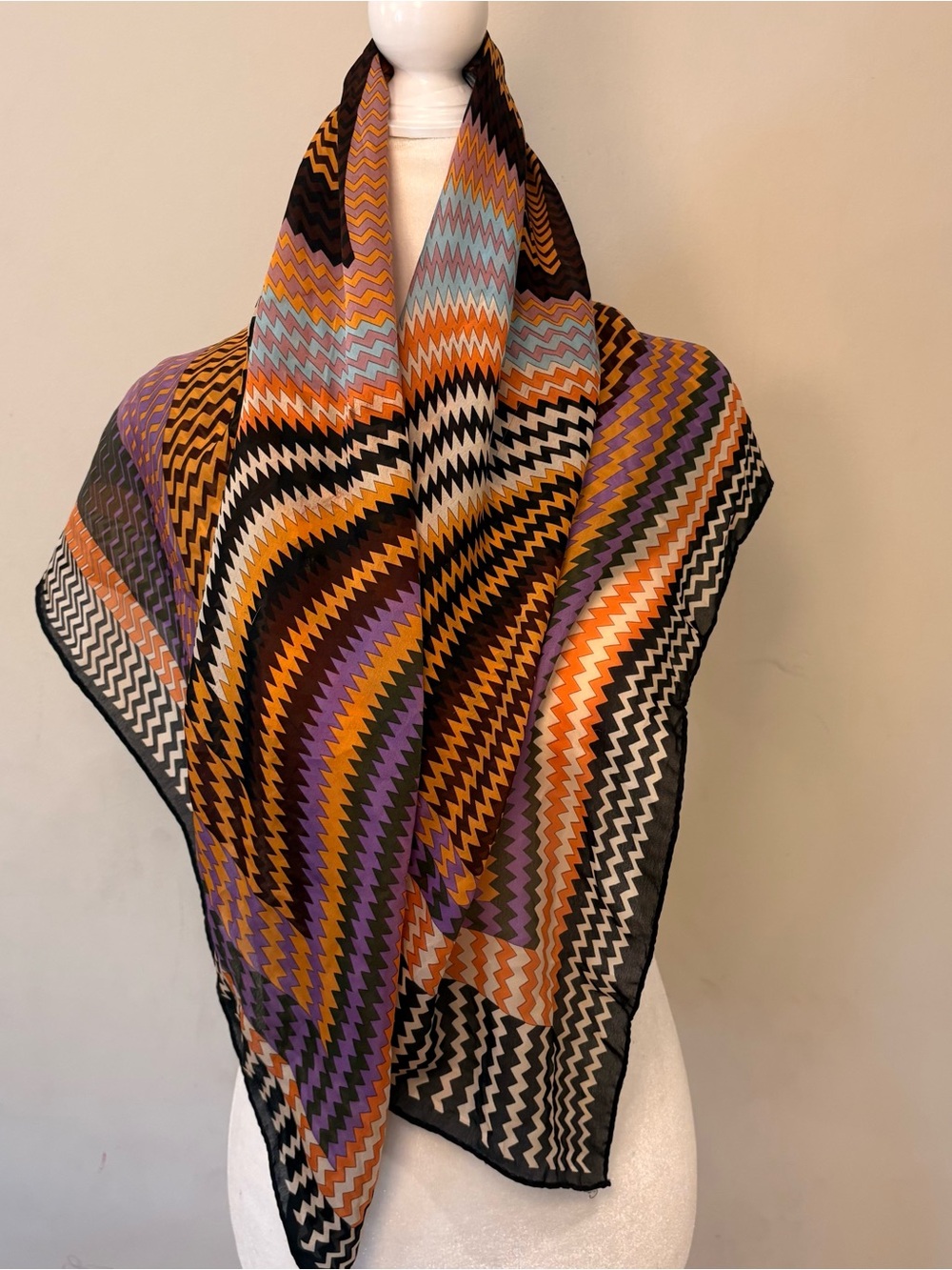Missoni Zigzag Printed Silk Scarf Black, Orange, Purple, Yellow, Cream 36 x 36